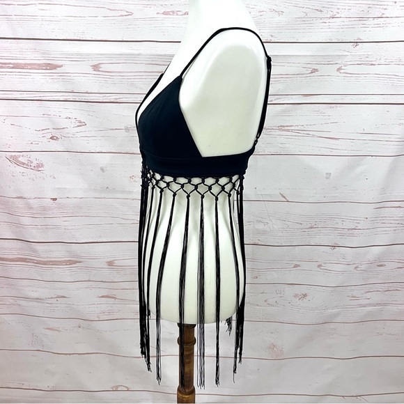 Plunging Neckline Boho Fringe Triangle Bikini Bralette Top - Picture 3 of 5